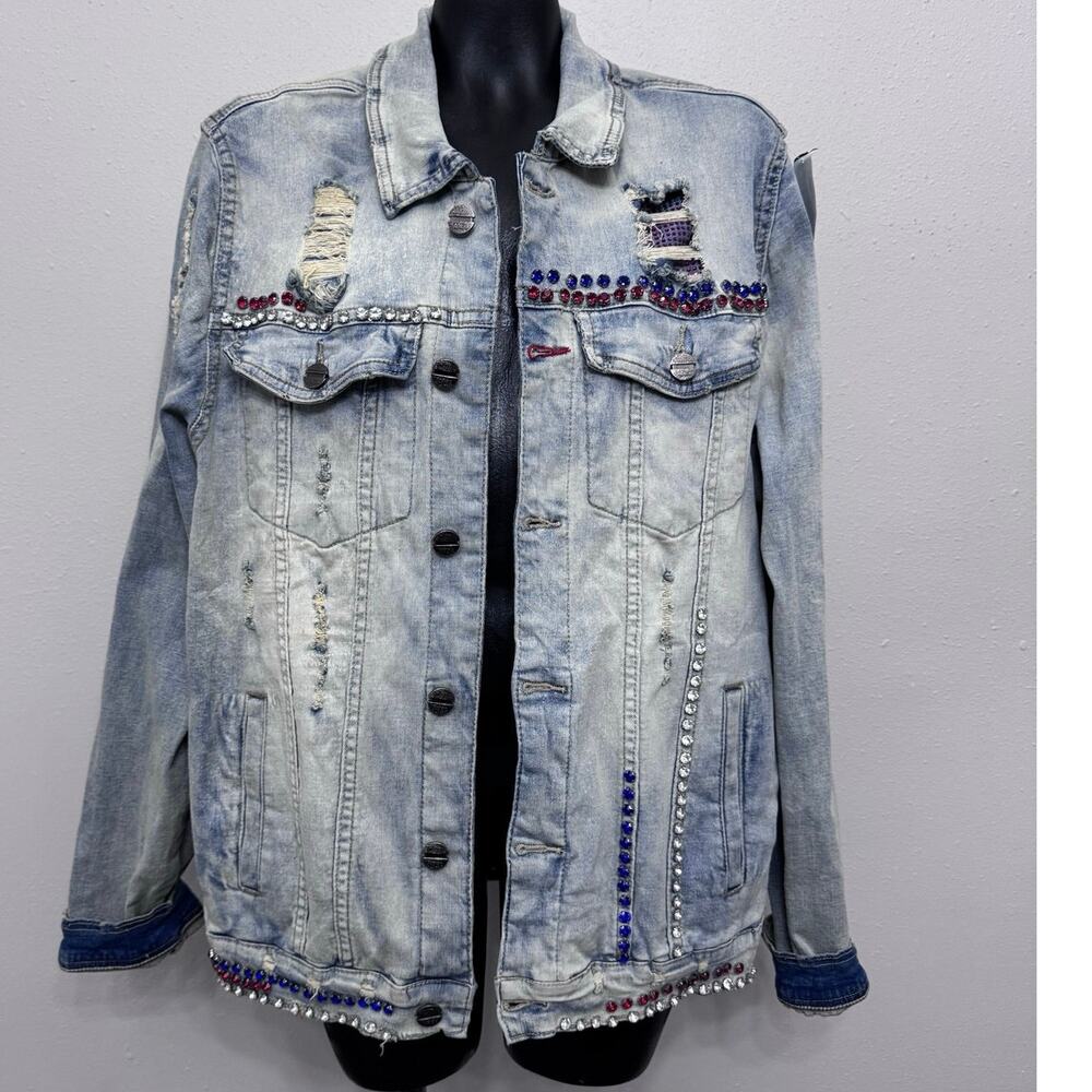 Industrial‎ Indigo Men's Hand Sand Dremmel Distressed Jacket Sz 2XL Rhinestones